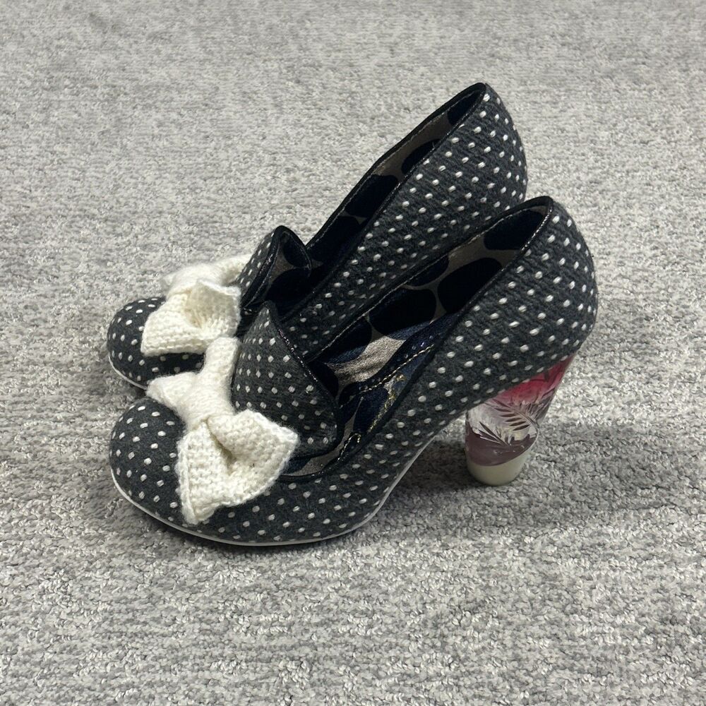 Irregular Choice Bowtiful Shoes Womens 7.5 Gray Polka Dot Heels Tweed Bows